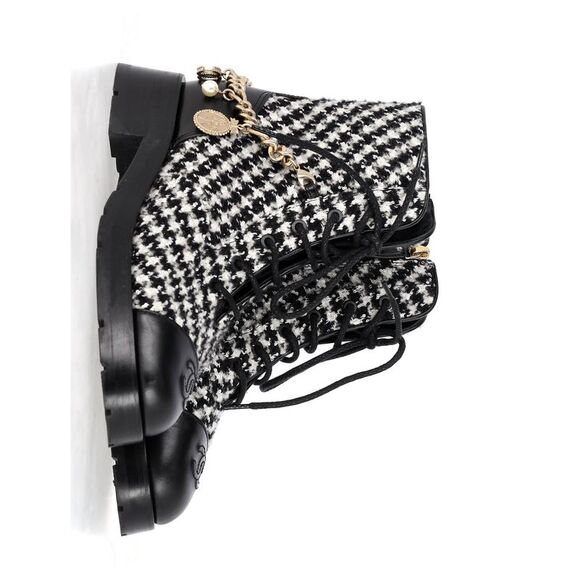 Chanel Interlocking CC Logo Tweed Patterned Combat Boots in Black and White - Picture 3 of 12
